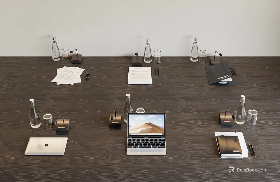 Modern Minimalist Office Meeting Table Setup With Laptops Tablets Documents And Supplies 3d model 