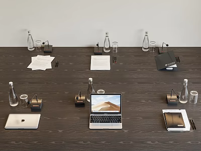 Modern Minimalist Office Meeting Table Setup With Laptops Tablets Documents And Supplies 3d model