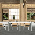Rustic Restaurant Interior With Wooden Ceiling Large Windows Glass Table And Black Chairs