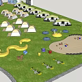 Garden Landscape Design Featuring Dome Structures Grass Area Central Pond And Arranged Tents 3d model