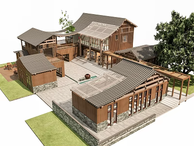 Chinese Style Detached Villa Featuring Wooden Structure Tile Roof And Courtyard Greenery 3d model