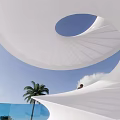 Outdoor Blue Spiral Staircase Design With Palm Trees Near Waterfront Grass Area
