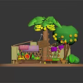 Fresh Assorted Fruits on Wooden Stall with Mango Palm Tree and Vegetables