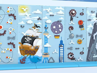 Playful Kindergarten Wall Decorations With Pirate Ship Hot Air Balloon And Whale Elements 3d model