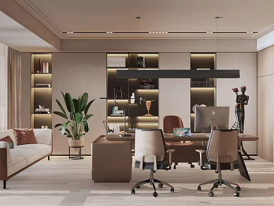 Modern Office Interior Design With Desk Chairs Green Plant Bookshelf And Hanging Lights 3d model