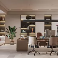 Modern Office Interior Design With Desk Chairs Green Plant Bookshelf And Hanging Lights