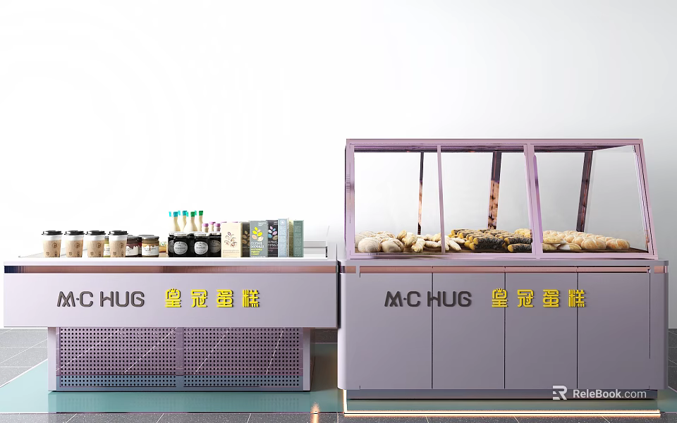 MC HUG Cake Shop Display With Glass Showcase Fresh Cakes And Boxed Items 3d model 