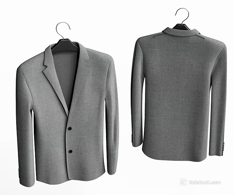 Gray Suit Jacket Front and Back View Hanging on Hanger Tailored Formal Wear Design 3d model 