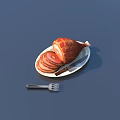 Sliced Ham on White Plate with Knife and Fork on Blue Background 3d model