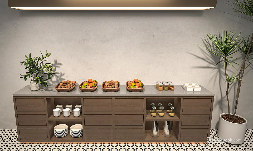 Dark Brown Sideboard With Fruit Baskets Jars And Cups In Modern Dining Area 3d model 