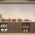 Dark Brown Sideboard With Fruit Baskets Jars And Cups In Modern Dining Area 3d model