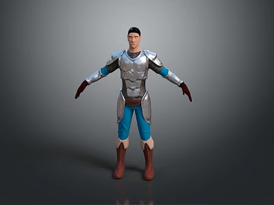 Man in Silver Armor with Blue Pants and Brown Boots Standing in Gray Background Pose 3d model