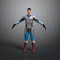 Man in Silver Armor with Blue Pants and Brown Boots Standing in Gray Background Pose