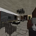 Elegant Hotel Public Lounge Area With Brown Sofas Woven Chairs Decorative Rug And Hanging Chandelier