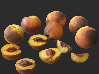 Fresh Ripe Peaches Whole Halved and Sliced Showing Juicy Flesh on Dark Background 3d model