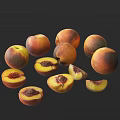 Fresh Ripe Peaches Whole Halved and Sliced Showing Juicy Flesh on Dark Background