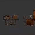 Rustic Wooden Dining Set with Round Table Chairs Cabinet Terracotta Pots Potted Plant and Stone Floor
