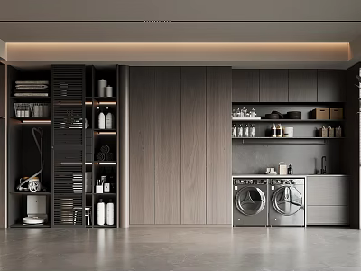 Modern Laundry Room Design With Dark Cabinetry Washing Machine Dryer And Open Shelves 3d model