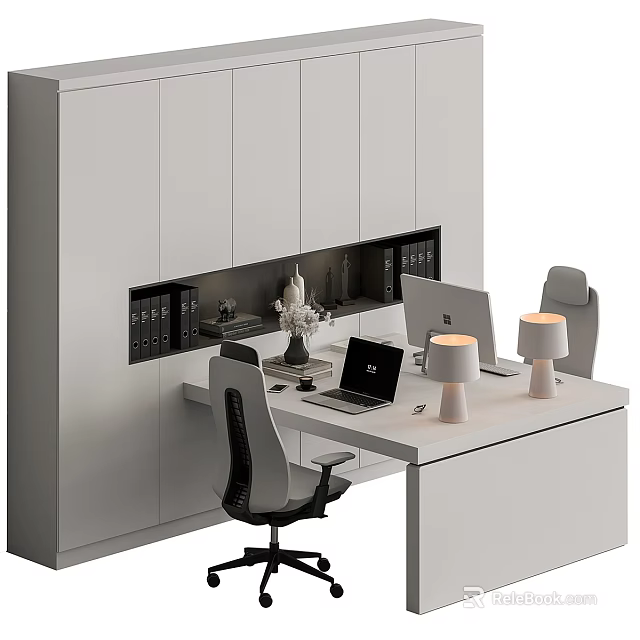Modern Office Desk with Two Laptops White Table Lamps Vase and White Cabinet with Books 3d model 