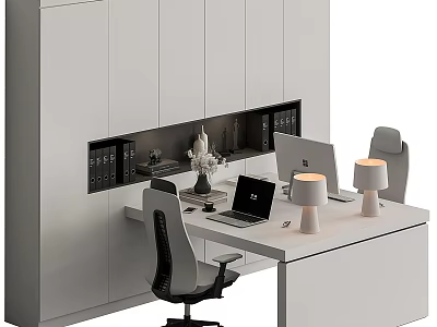 Modern Office Desk with Two Laptops White Table Lamps Vase and White Cabinet with Books 3d model