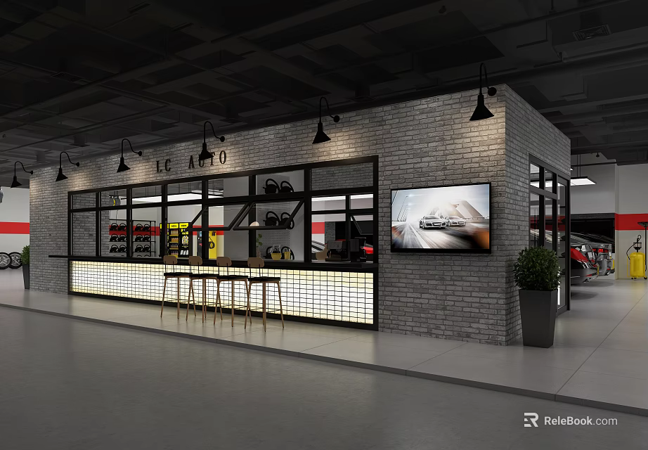 LEE AUTO 4S Store Interior With Brick Wall Bar Counter Large Screen And Car 3d model 