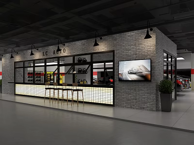 LEE AUTO 4S Store Interior With Brick Wall Bar Counter Large Screen And Car 3d model