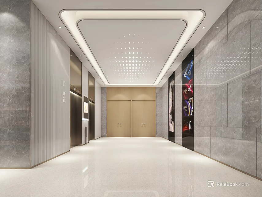 Modern Elevator Lobby With Marble Walls Recessed Lighting Ceiling Sleek Floor And Digital Displays 3d model 