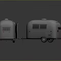 Gray Camping Trailer With Windows And Open Door In Two Views
