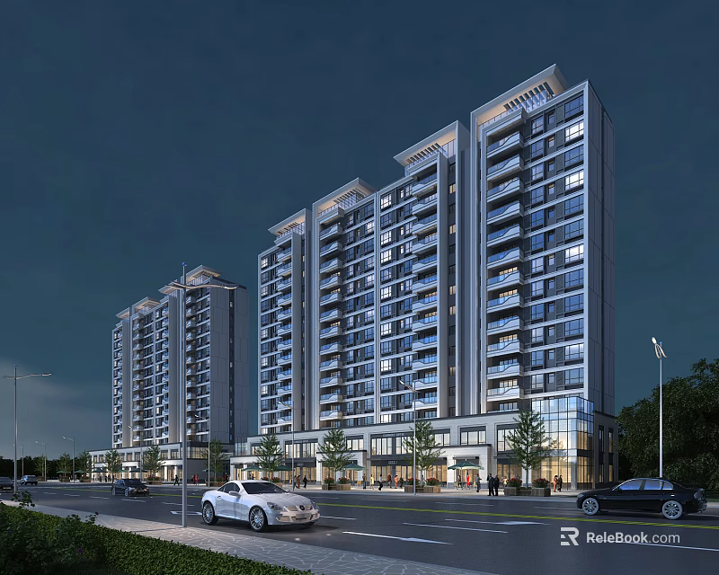 High Rise Residential Building Modern Glass Curtain Wall At Night With Street Cars And Trees 3d model 