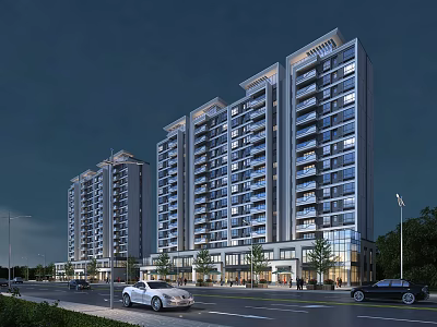 High Rise Residential Building Modern Glass Curtain Wall At Night With Street Cars And Trees 3d model