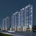 High Rise Residential Building Modern Glass Curtain Wall At Night With Street Cars And Trees