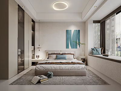 Modern Bedroom Interior Design With Bed Rug Blue Painting Large Window And Wardrobe 3d model