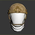 Sand Colored Military Helmet With Worn Texture And Chin Strap Design