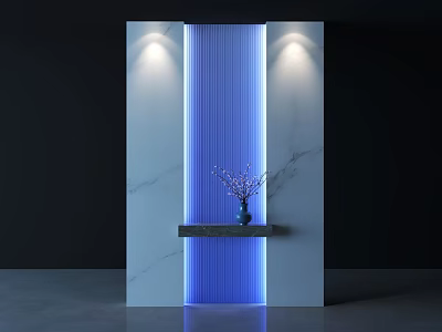 Modern Room Divider With Marble Panels Blue Vertical Stripes Lighting And Vase 3d model