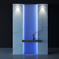Modern Room Divider With Marble Panels Blue Vertical Stripes Lighting And Vase