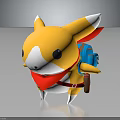 Cute Yellow Cartoon Creature With White Ear Tips Red Scarf Blue Backpack And Brown Pouch