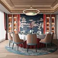 Elegant Chinese Style Private Dining Room With Traditional Mural Round Table Beige Chairs And Blue Carpet