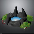 Modern Landscape With Black Rocks Blue Glowing Pool Green Plants And Red Mushrooms