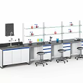 Laboratory Workstation With Black Benches Stools Shelves And Scientific Equipment