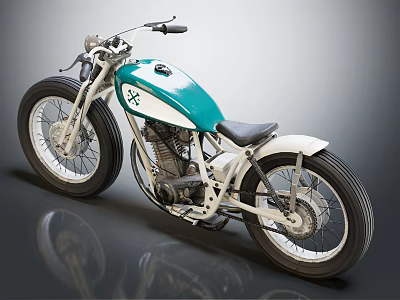 Vintage Motorcycle With Teal Fuel Tank White Fenders And Black Seat 3d model