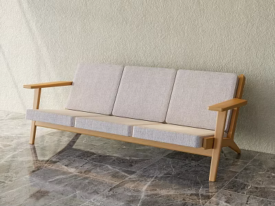 Modern Three Seat Sofa With Wooden Armrests Light Gray Cushions And Marble Floor 3d model
