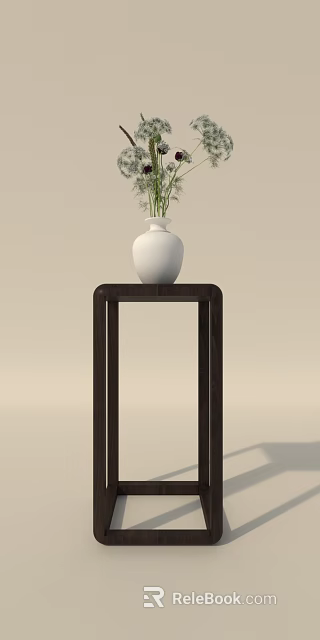 Decorative Ornament Set With White Vase Green Plants On Dark Wooden Side Table 3d model 