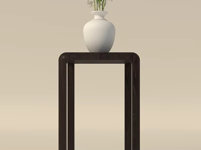 Decorative Ornament Set With White Vase Green Plants On Dark Wooden Side Table 3d model