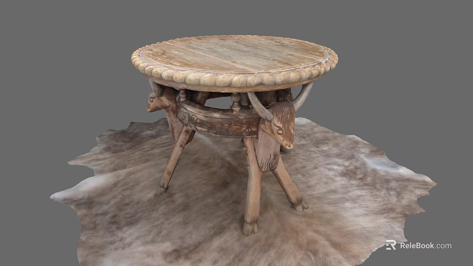 Natural Rustic Dining Table Set With Round Wooden Top And Bull Head Carved Legs 3d model 