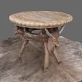 Natural Rustic Dining Table Set With Round Wooden Top And Bull Head Carved Legs