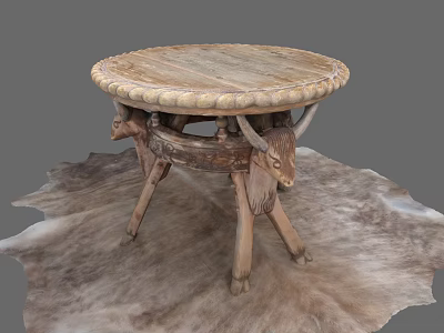 Natural Rustic Dining Table Set With Round Wooden Top And Bull Head Carved Legs 3d model