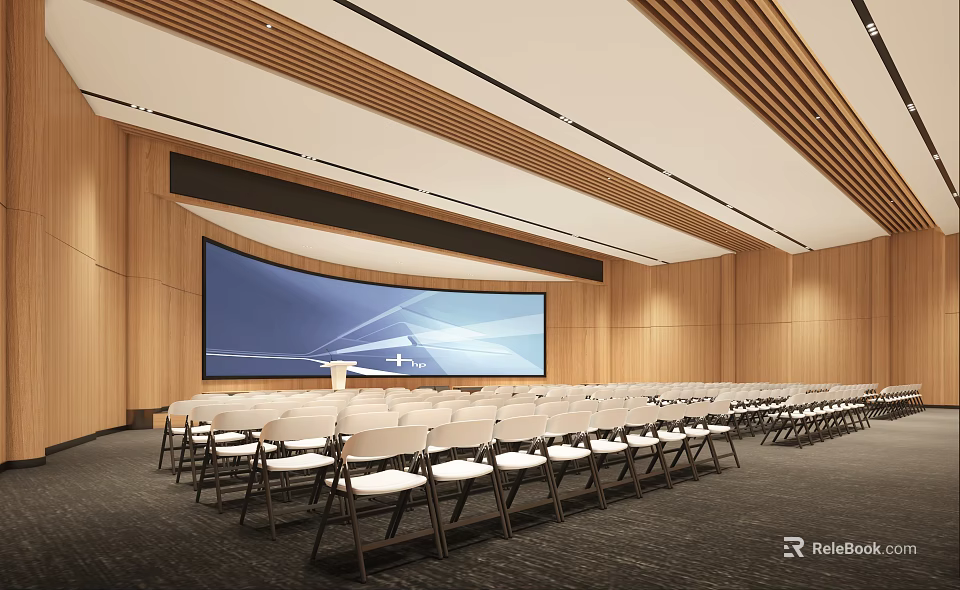 Modern Conference Room Interior With Curved Screen Podium Wooden Walls And White Chairs 3d model 