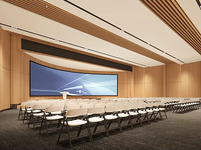 Modern Conference Room Interior With Curved Screen Podium Wooden Walls And White Chairs 3d model