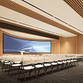 Modern Conference Room Interior With Curved Screen Podium Wooden Walls And White Chairs