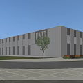 Modern Industrial Factory Building With Large Windows Trees And Car Nearby